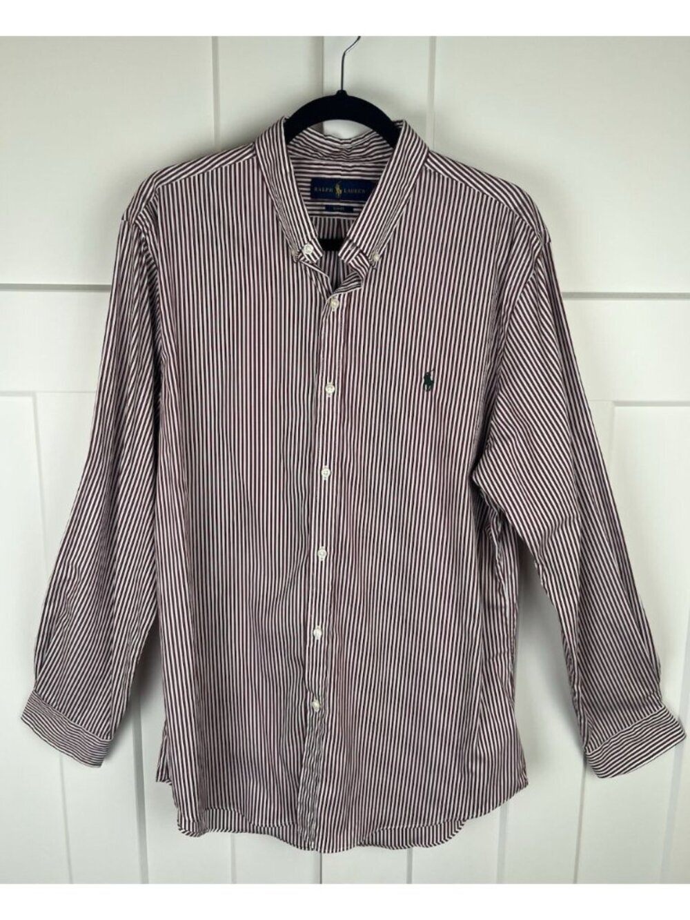 Ralph Lauren Slim Fit Button Down Shirt Men's XL 17 Maroon White Stripe Cotton